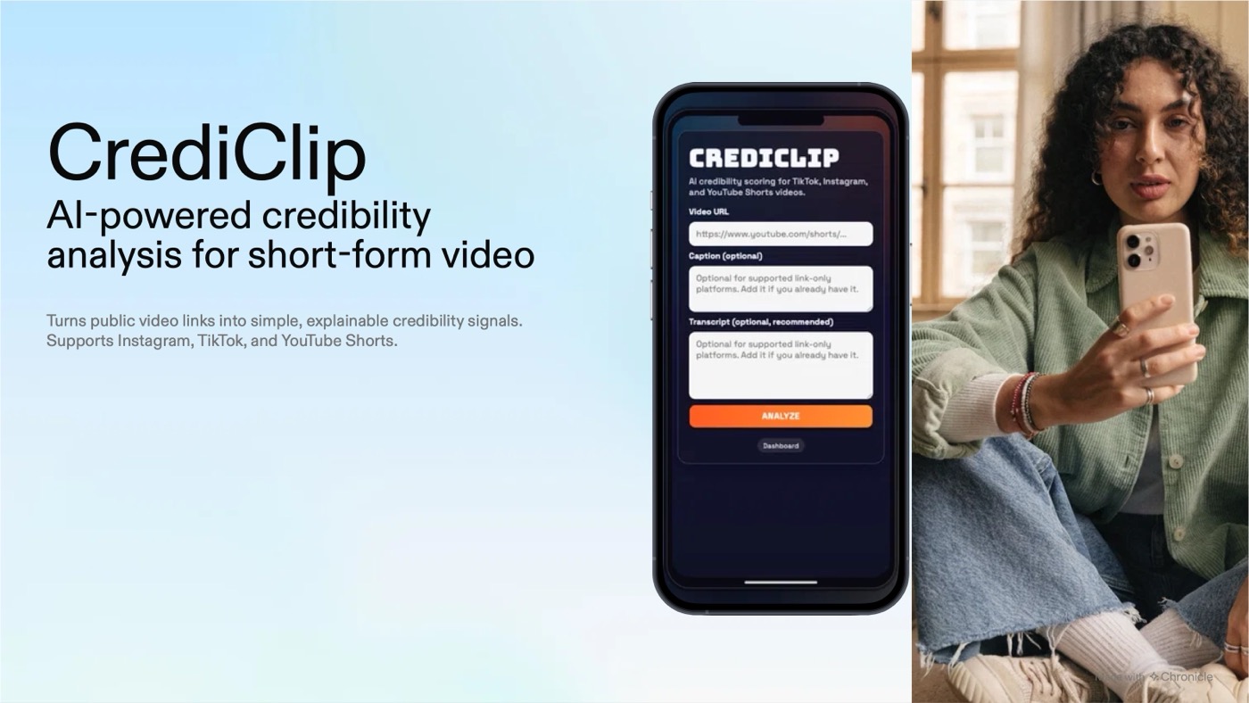 CrediClip title slide showing the mobile analyzer: paste a video URL, optional caption and transcript, and an Analyze button