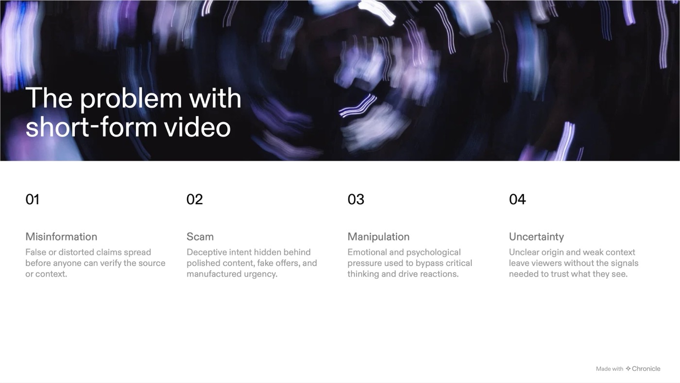Slide titled The problem with short-form video, listing misinformation, scam, manipulation, and uncertainty